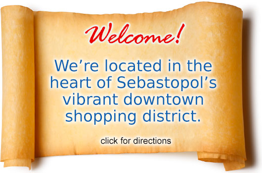 Welcome - we're located in the heart of Sebastopols vibrant downtown shopping district. Click here for directions (opens in new tab)